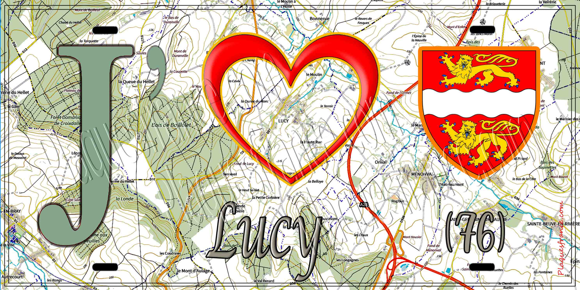 Plaque métal décorative 15X30 J' ❤️ Lucy, Seine Maritime (76) géo