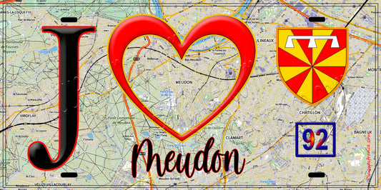 Plaque métal décorative  J' ❤️ Meudon, Hauts de Seine (92) fond carte