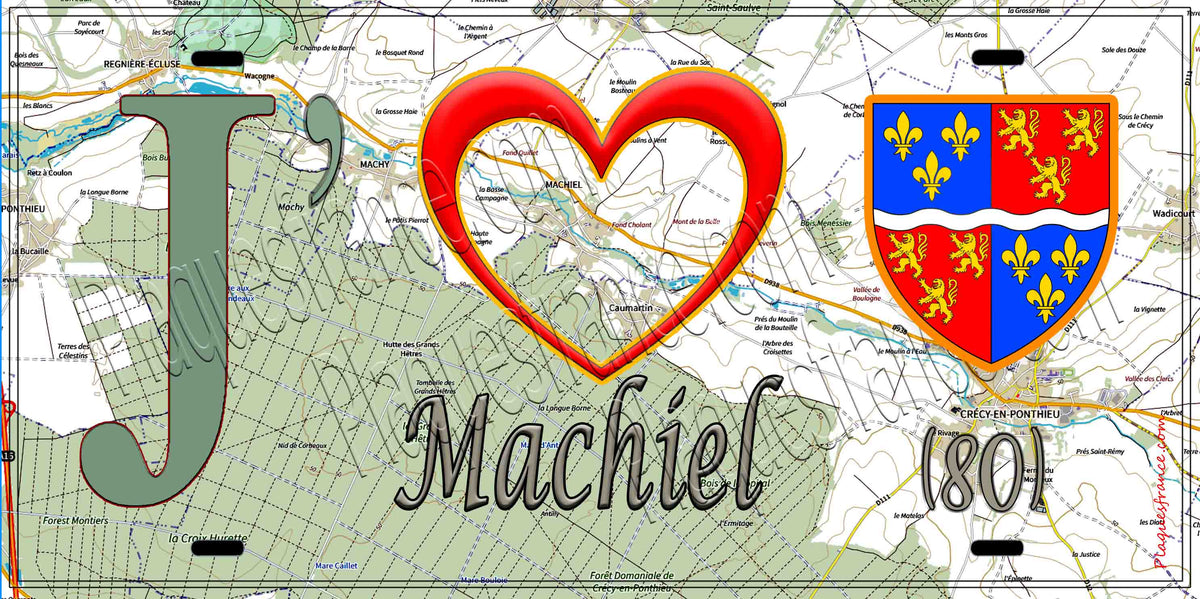 Plaque métal décorative 15X30 J' ❤️ il love Machiel, Somme (80)