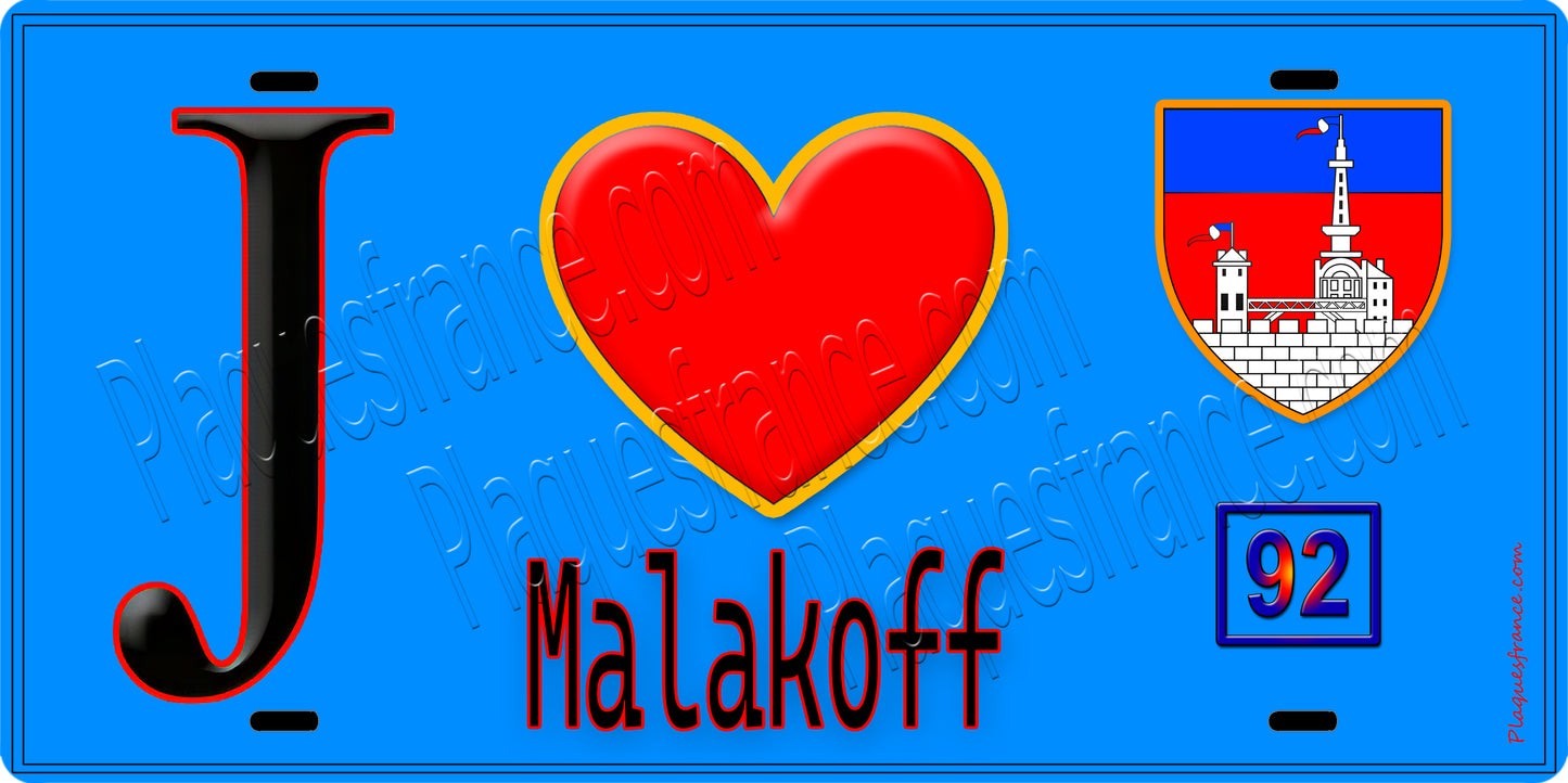 Plaque métal décorative  J' ❤️ Malakoff, Hauts de Seine (92) fond bleu