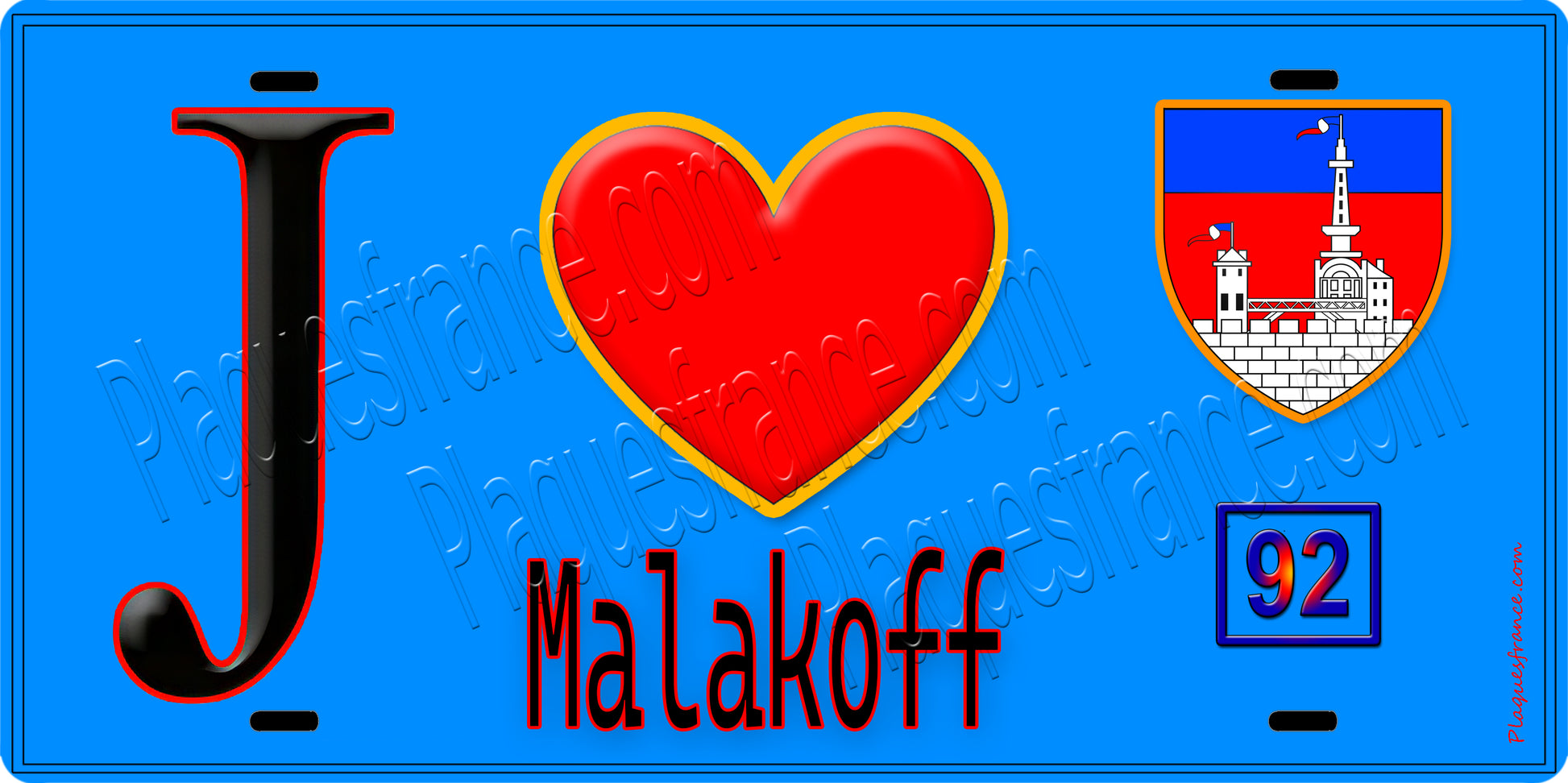 Plaque métal décorative  J' ❤️ Malakoff, Hauts de Seine (92) fond bleu