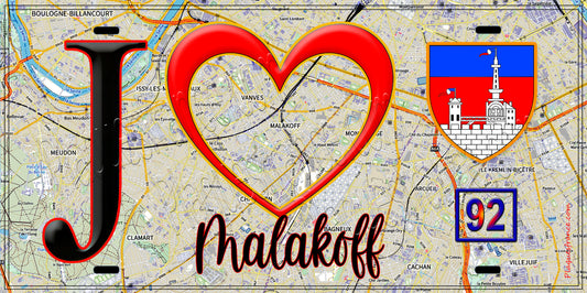 Plaque métal décorative  J' ❤️ Malakoff, Hauts de Seine (92) fond carte