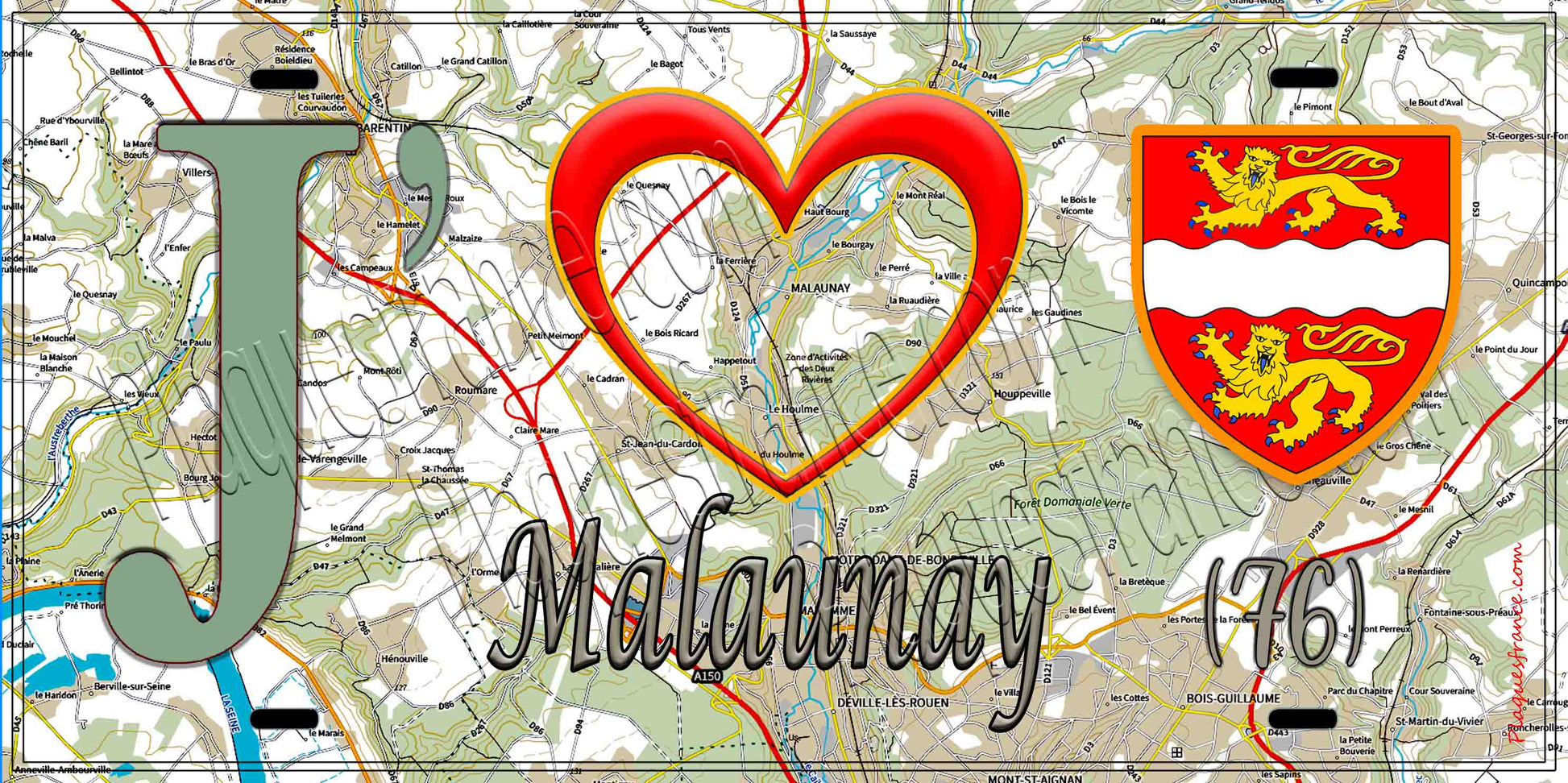Plaque métal décorative 15X30 J' ❤️ Malaunay, Seine Maritime (76) géo