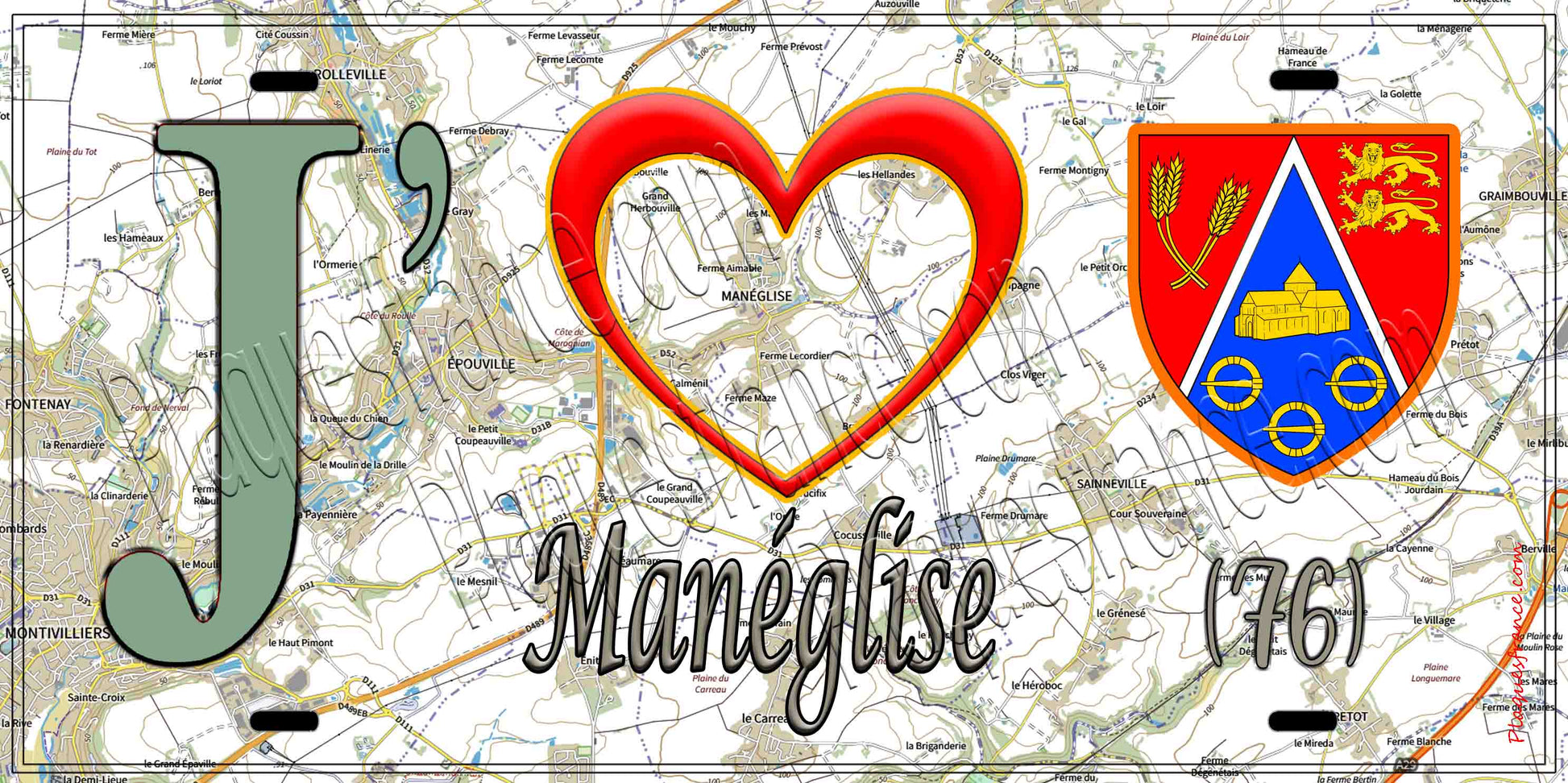 Plaque métal décorative 15X30 J' ❤️ Manéglise, Seine Maritime (76) géo