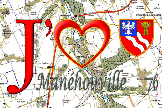 Plaque métal décorative 20 cm x 30 cm J' ❤️ Manéhouville, Seine Maritime (76)