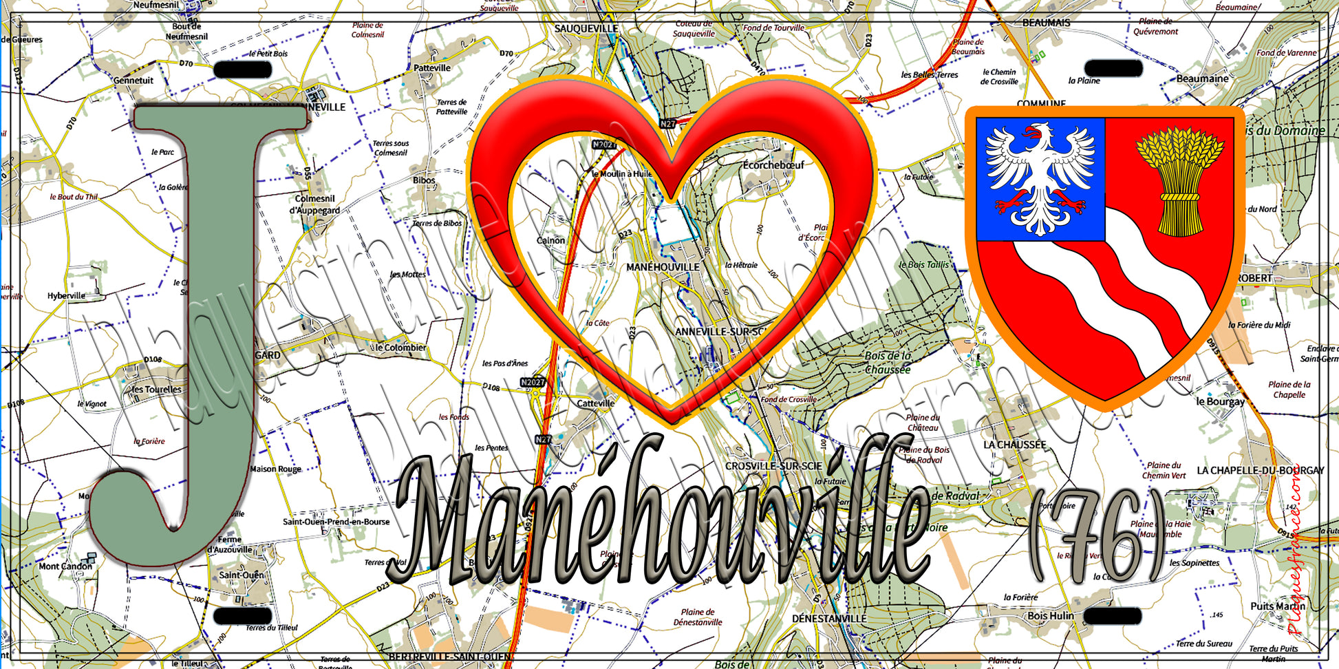 Plaque métal décorative 15x30 J' ❤️ Manéhouville, Seine Maritime (76) géo