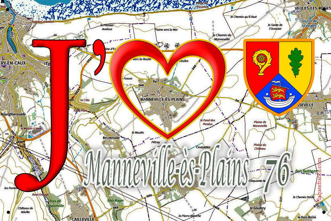 Plaque métal décorative 20 cm x 30 cm J' ❤️ Manneville-ès-Plains, Seine Maritime (76)