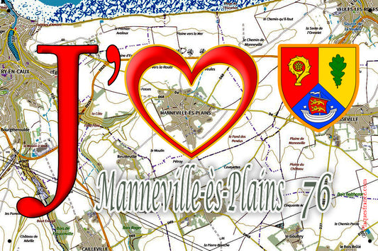 Plaque métal décorative 20 cm x 30 cm J' ❤️ Manneville-ès-Plains, Seine Maritime (76)