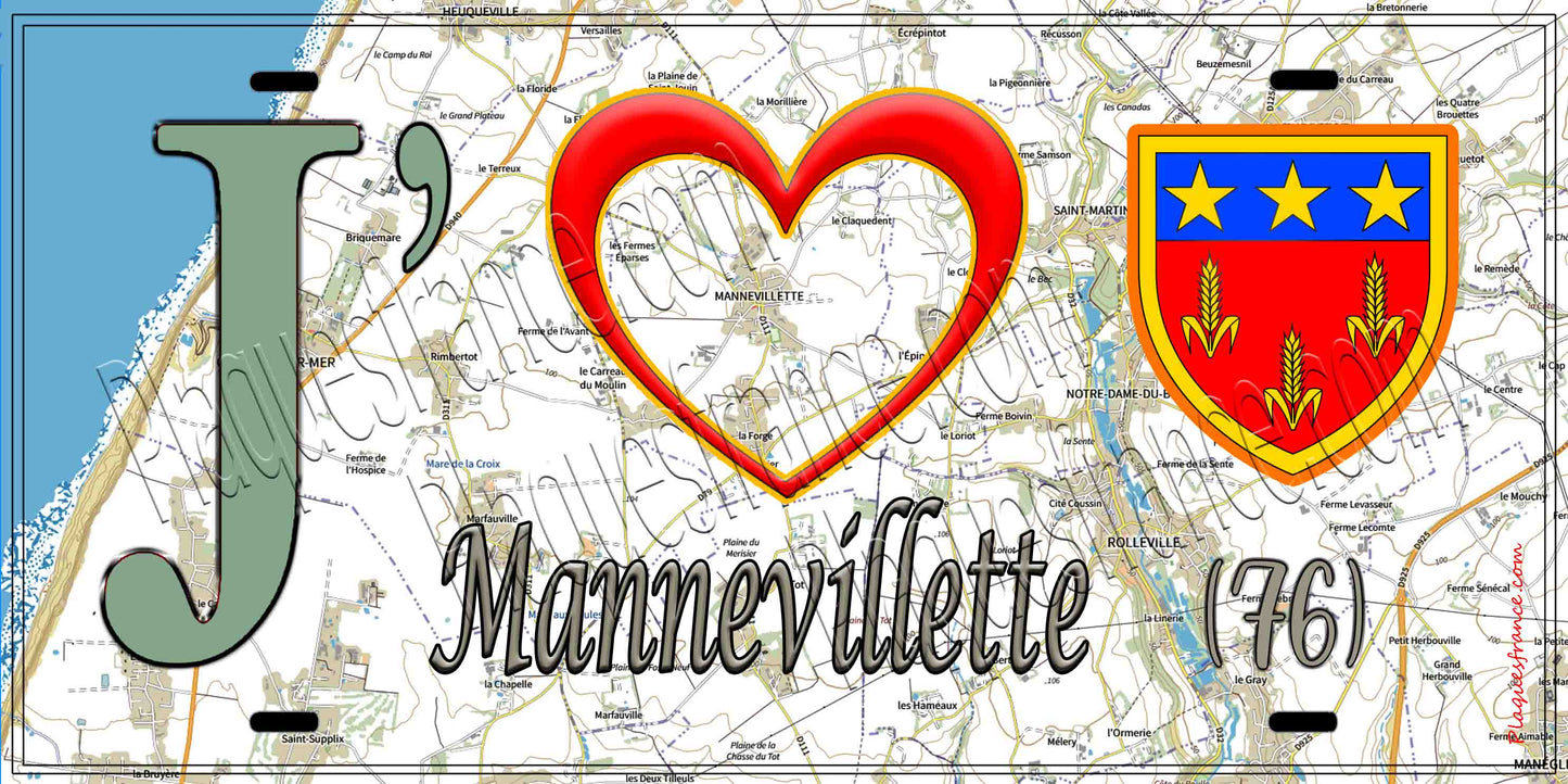 Plaque métal décorative 15X30 J' ❤️ Mannevillette, Seine Maritime (76) geo