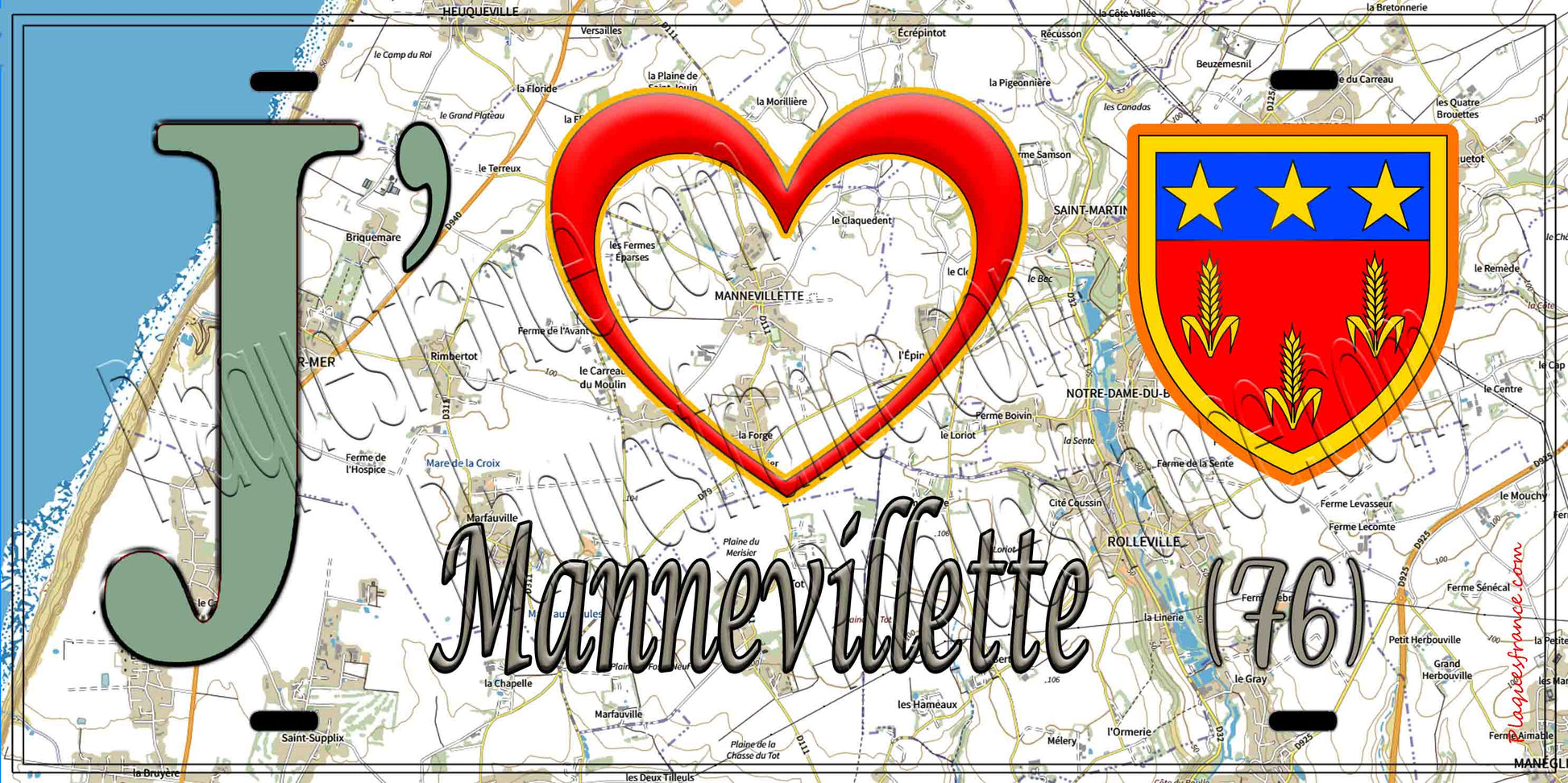 Plaque métal décorative 15X30 J' ❤️ Mannevillette, Seine Maritime (76) geo