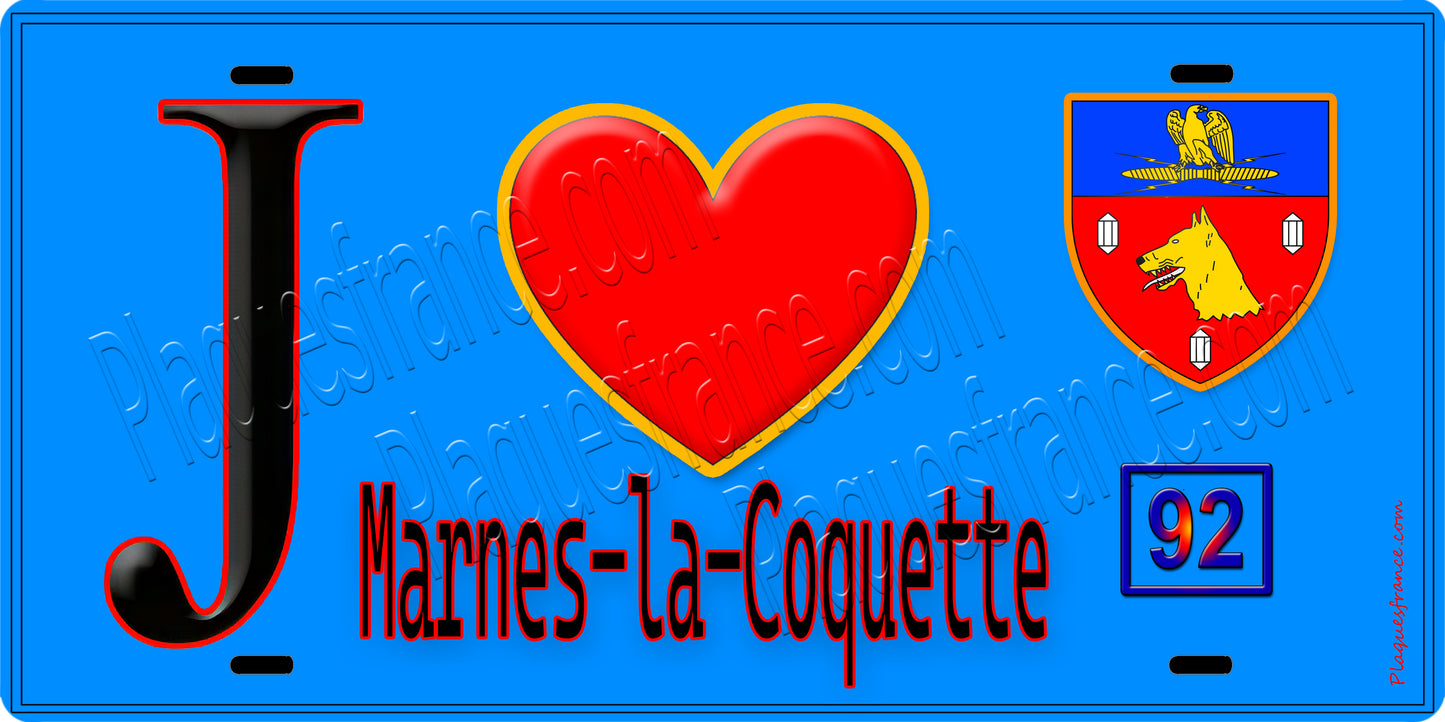 Plaque métal décorative  J' ❤️ Marnes-la-Coquette, Hauts de Seine (92) fond bleu