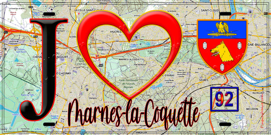 Plaque métal décorative  J' ❤️ Marnes-la-Coquette, Hauts de Seine (92) fond carte