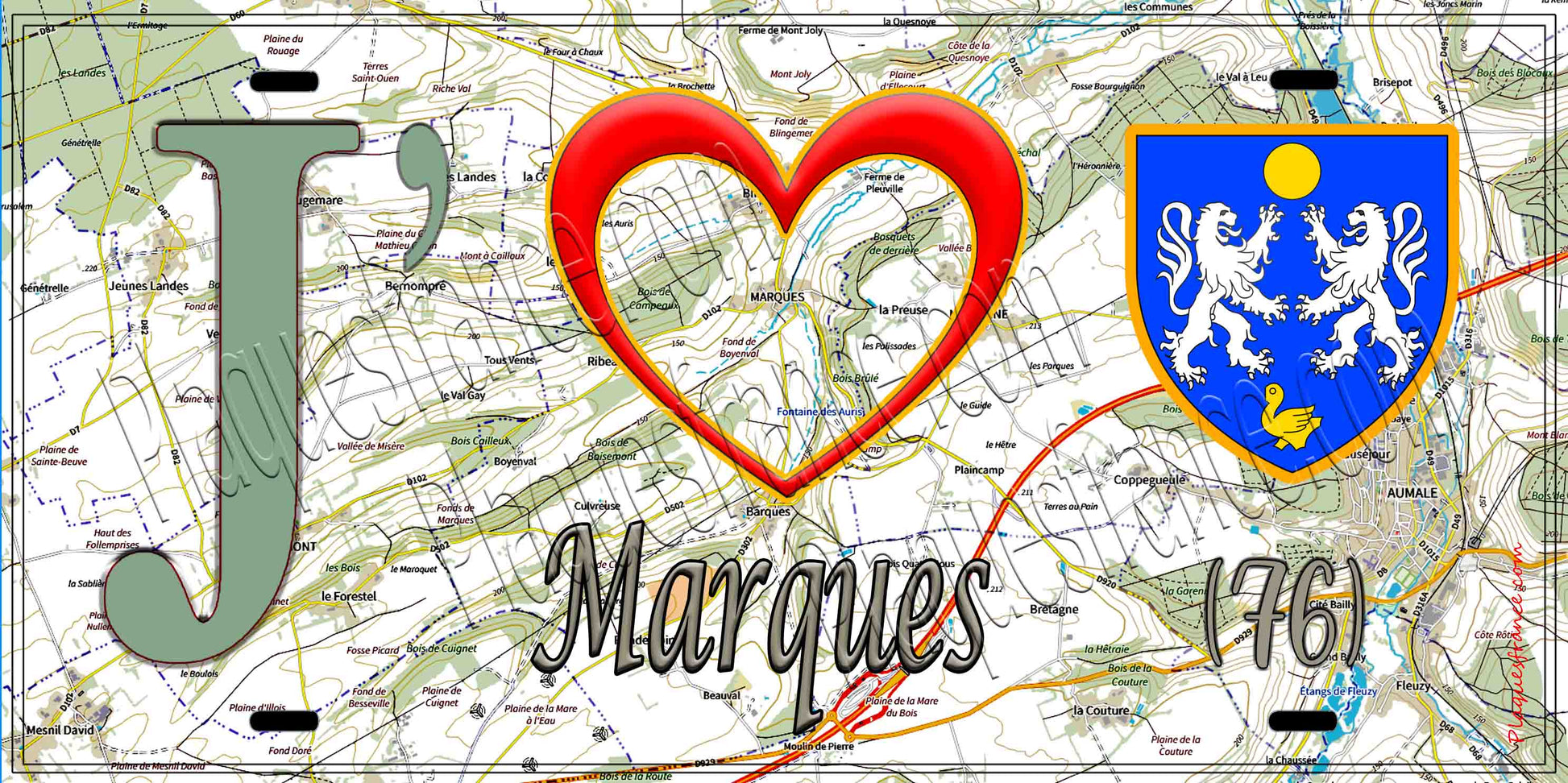 Plaque métal décorative 15X30 J' ❤️ Marques, Seine Maritime (76) géo