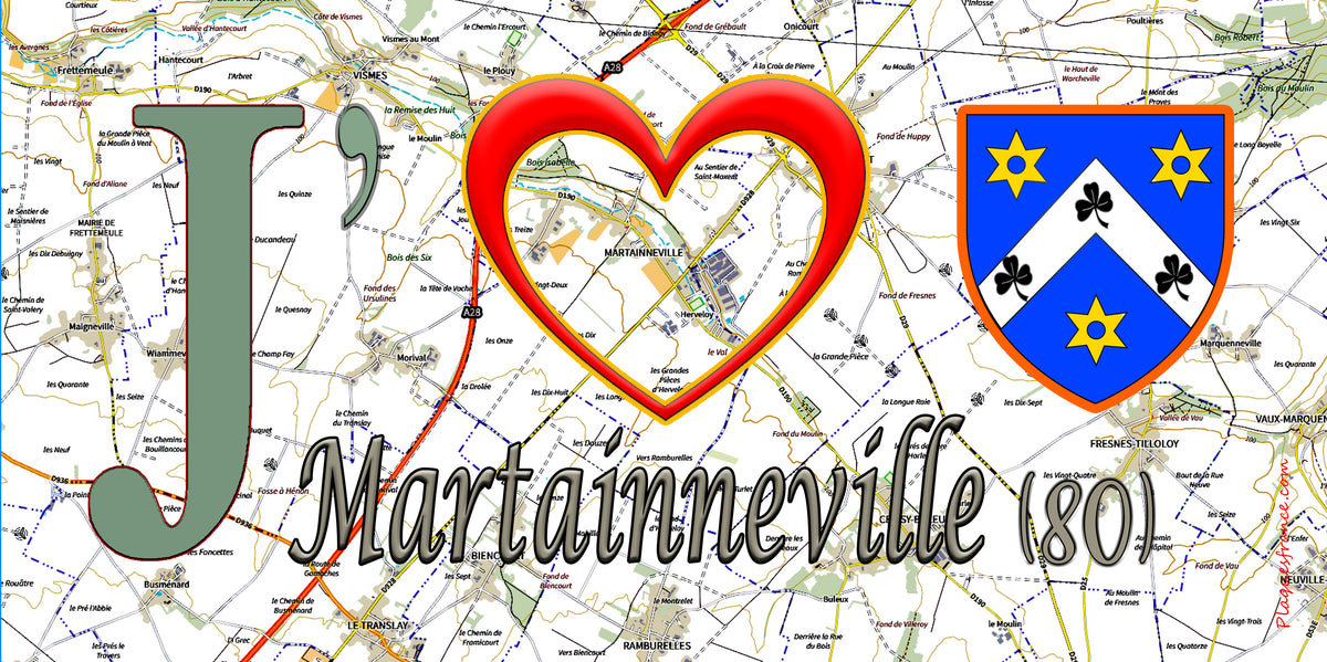 Plaque métal décorative 15X30 J' ❤️ Martainneville, Somme (80) geo