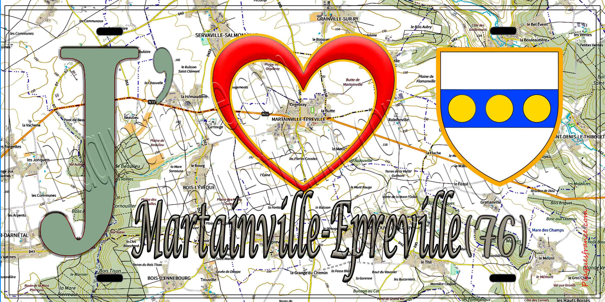 Plaque métal décorative 15X30 J' ❤️ Martainville-Epreville, Seine Maritime (76) géo