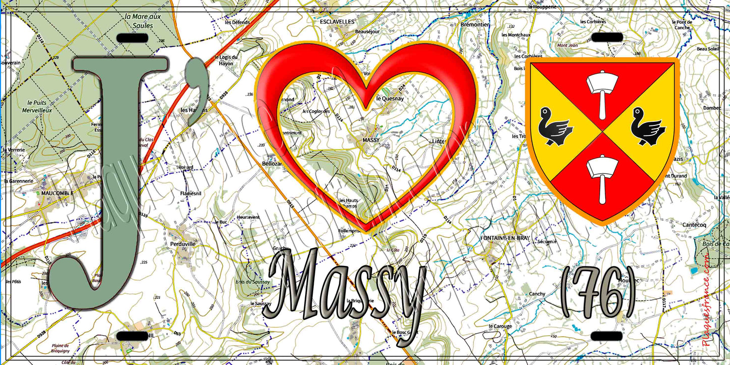 Plaque métal décorative 15X30 J' ❤️ Massy, Seine Maritime (76) géo
