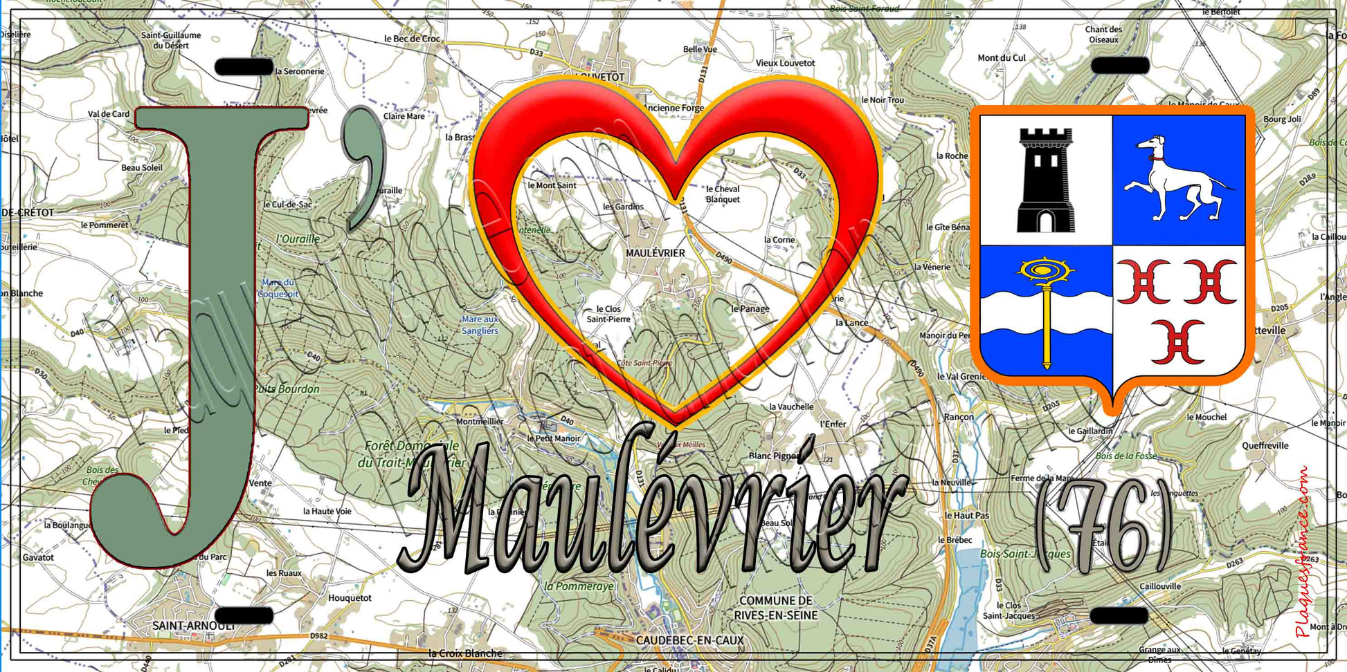 Plaque métal décorative 15X30 J' ❤️ Maulévrier, Seine Maritime (76) geo