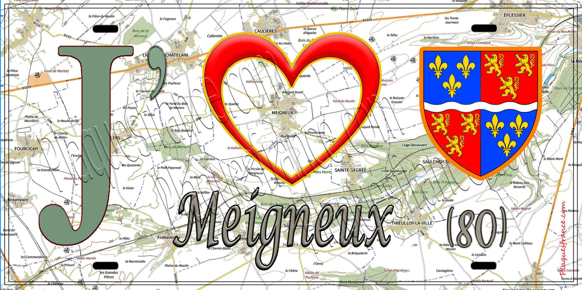 Plaque métal décorative 15X30 J' ❤️ Meigneux, Somme (80) géo