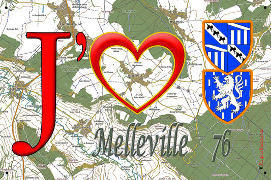 Plaque métal décorative 20 cm x 30 cm J' ❤️ Melleville, Seine Maritime (76)