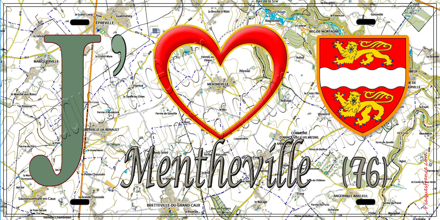 Plaque métal décorative 15X30 J' ❤️ Mentheville, Seine Maritime (76) geo