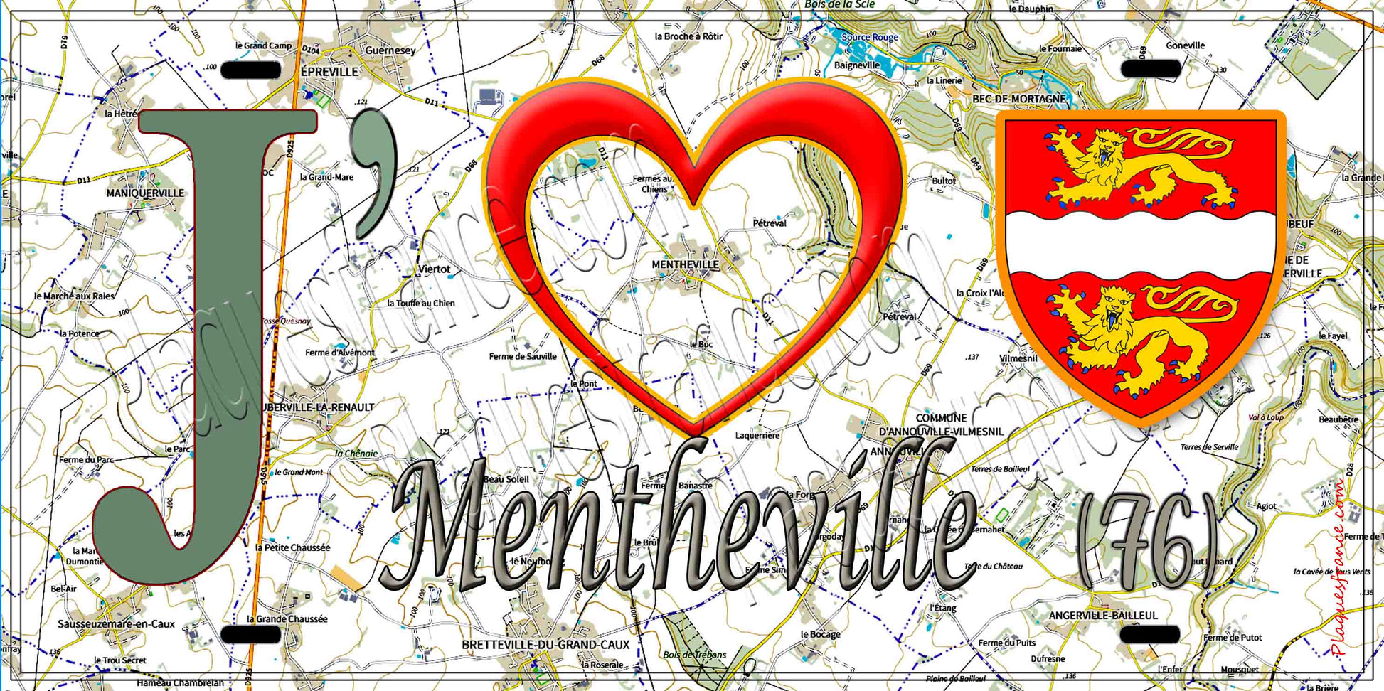 Plaque métal décorative 15X30 J' ❤️ Mentheville, Seine Maritime (76) geo