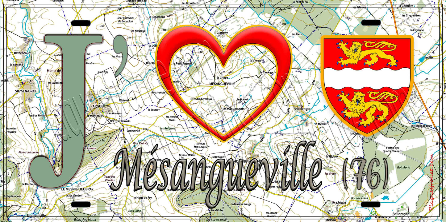 Plaque métal décorative 15X30 J' ❤️ Mésangueville, Seine Maritime (76)