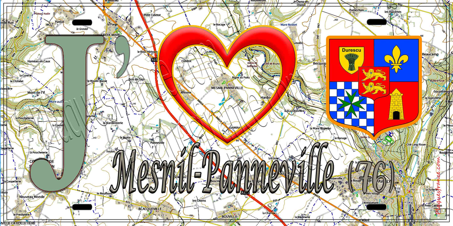 Plaque métal décorative 15X30 J' ❤️ Mesnil-Panneville, Seine Maritime (76)
