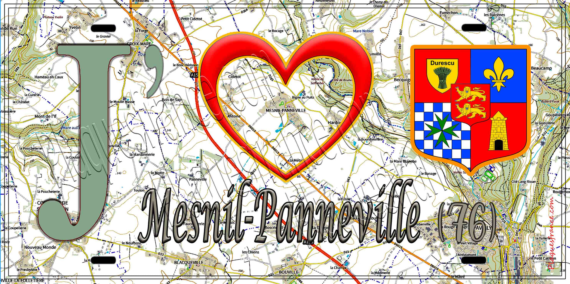 Plaque métal décorative 15X30 J' ❤️ Mesnil-Panneville, Seine Maritime (76)