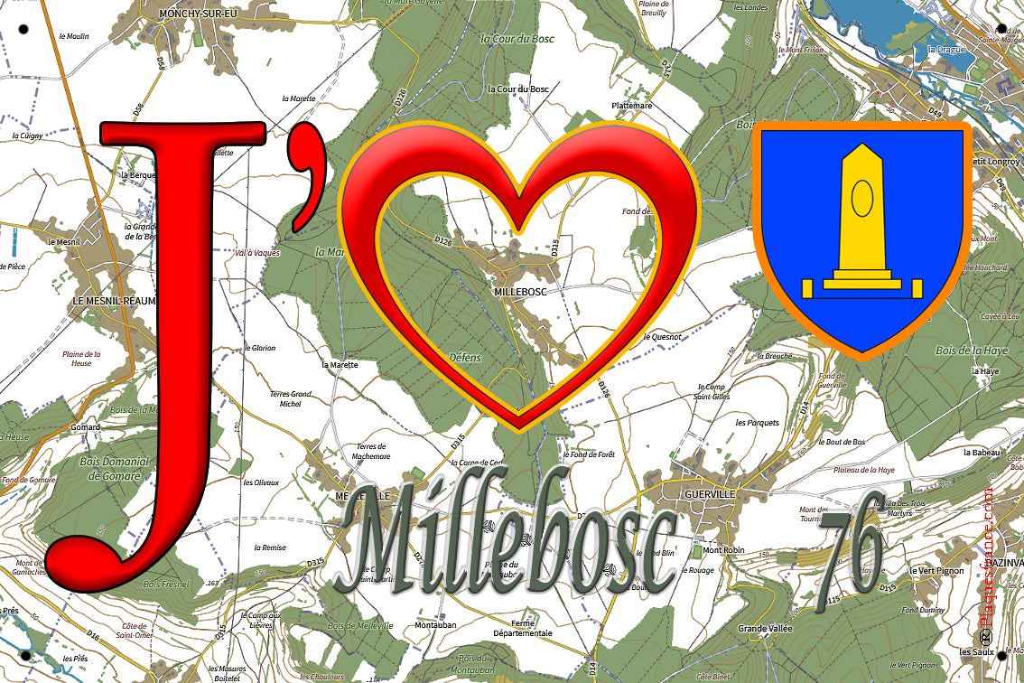Plaque métal décorative 20 cm x 30 cm  J' ❤️ Millebosc, Seine Maritime (76)