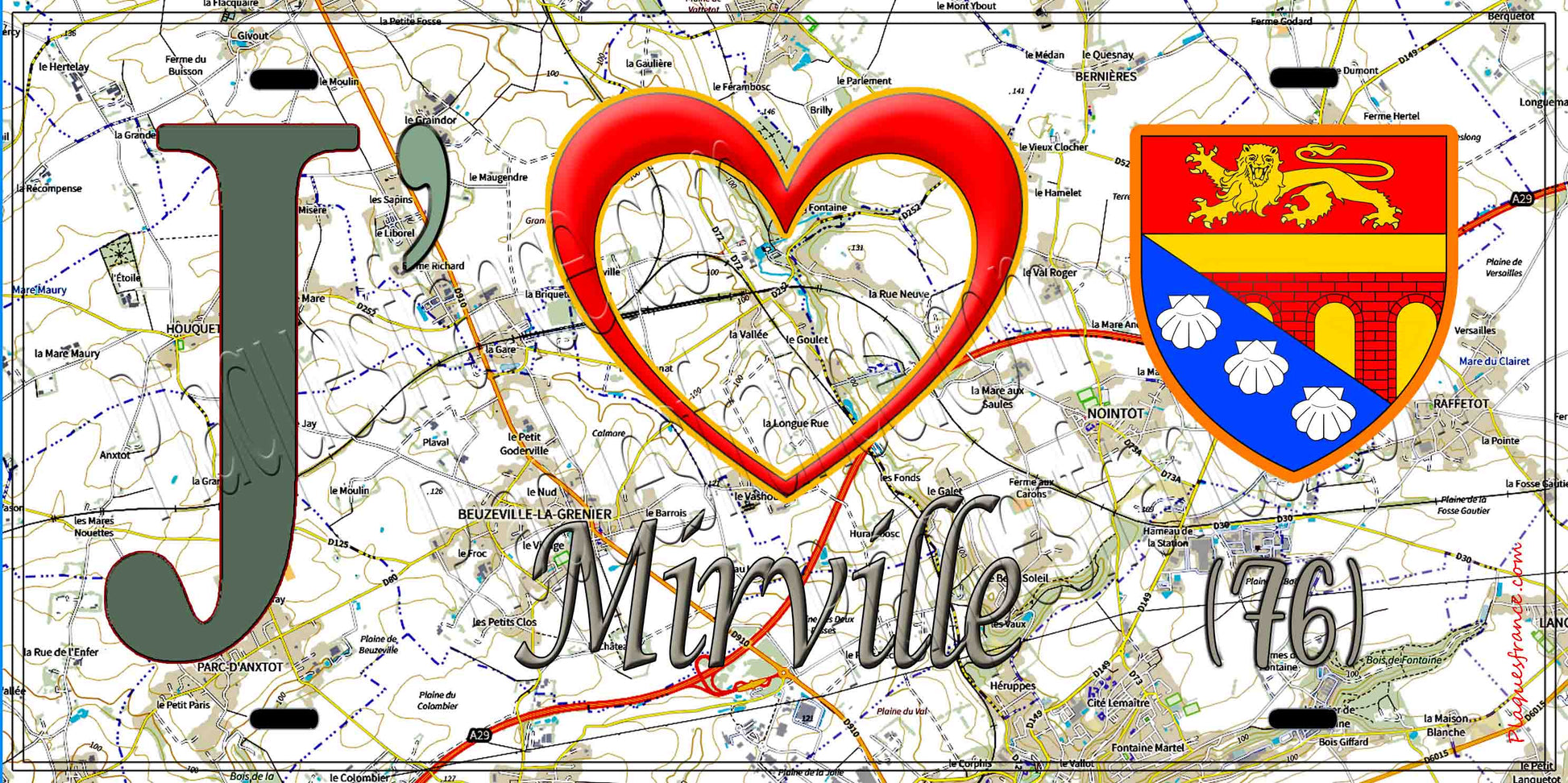 Plaque métal décorative 15X30 J' ❤️ Mirville, Seine Maritime (76) géo