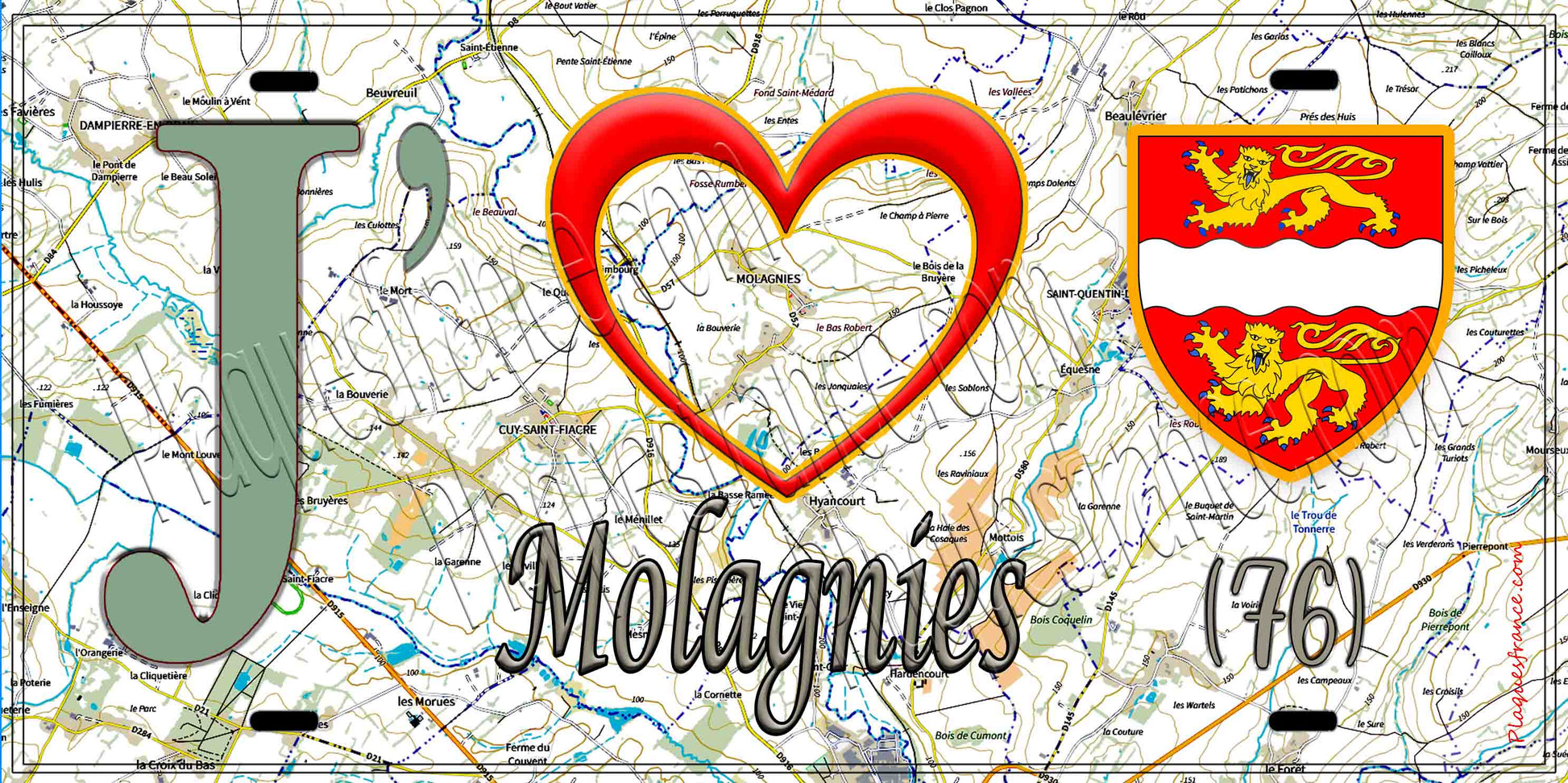 Plaque métal décorative 15X30 J' ❤️ Molagnies, Seine Maritime (76) géo