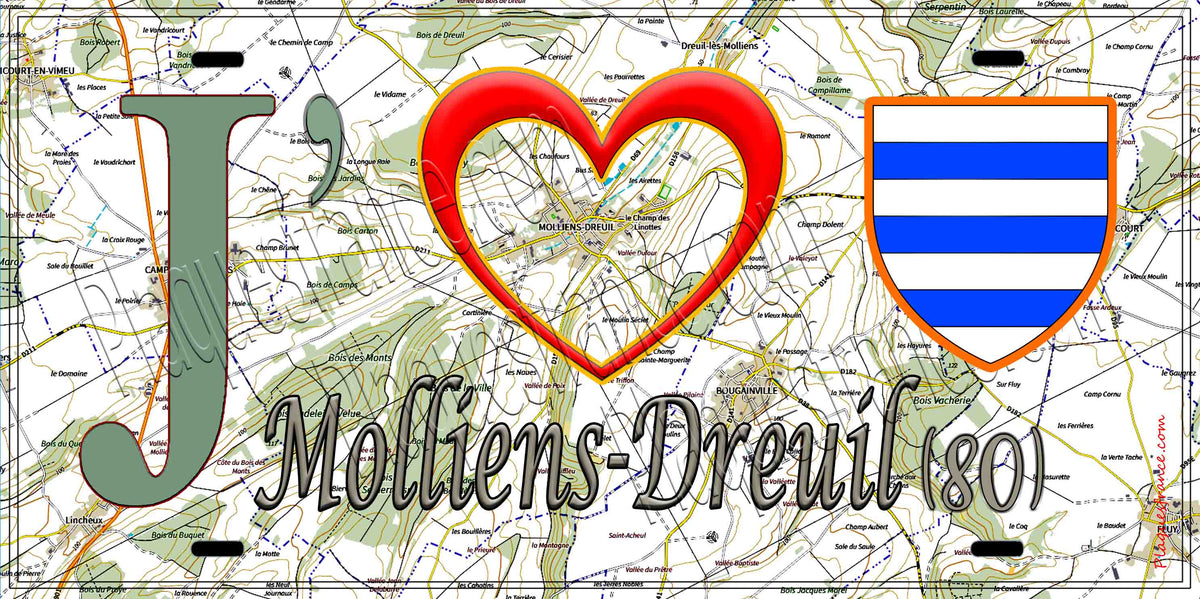 Plaque métal décorative 15X30 J' ❤️ Molliens-Dreuil, Somme (80) geo