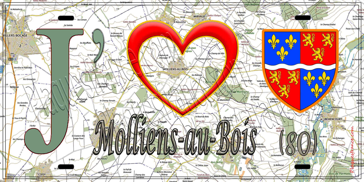 Plaque métal décorative 15X30 J' ❤️ Molliens-au-Bois, Somme (80)