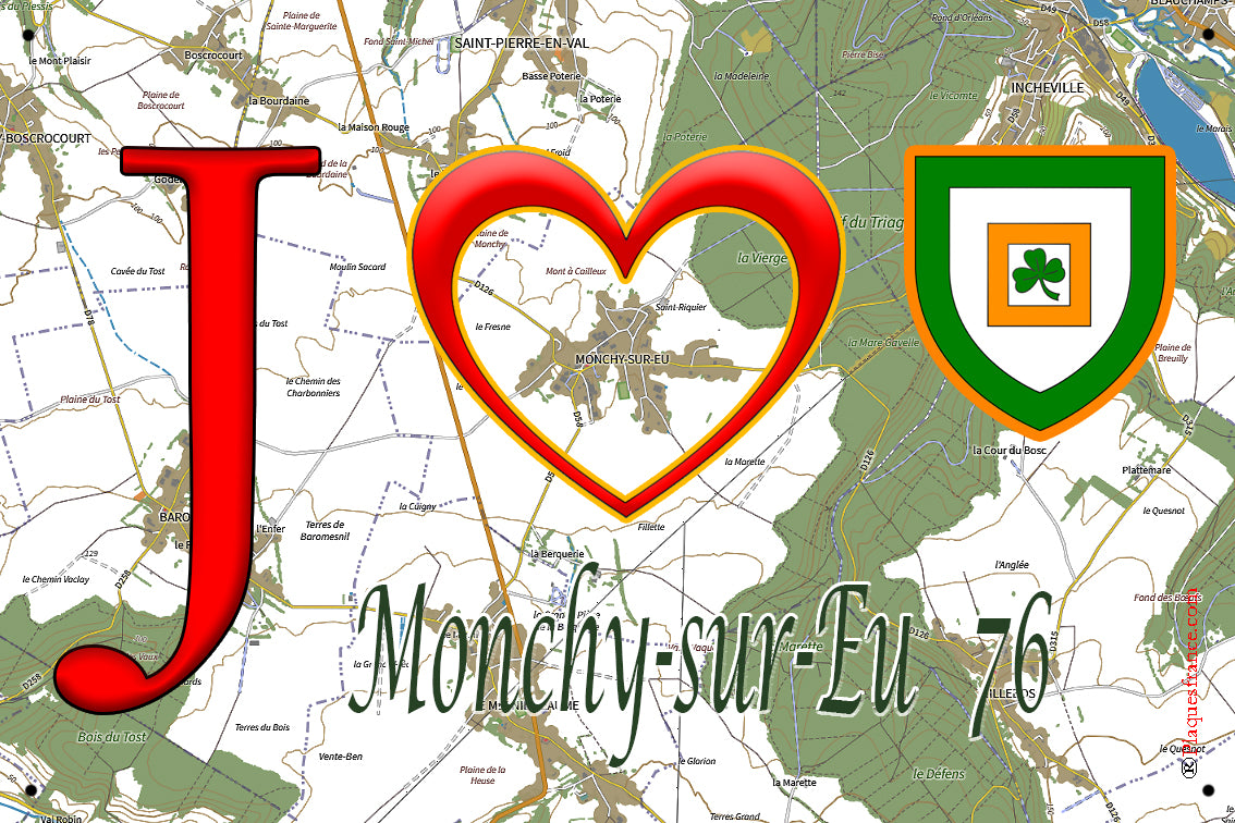 Plaque métal décorative 20 cm x 30 cm J' ❤️ Monchy-sur-Eu, Seine Maritime (76)