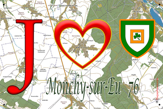 Plaque métal décorative 20 cm x 30 cm J' ❤️ Monchy-sur-Eu, Seine Maritime (76)