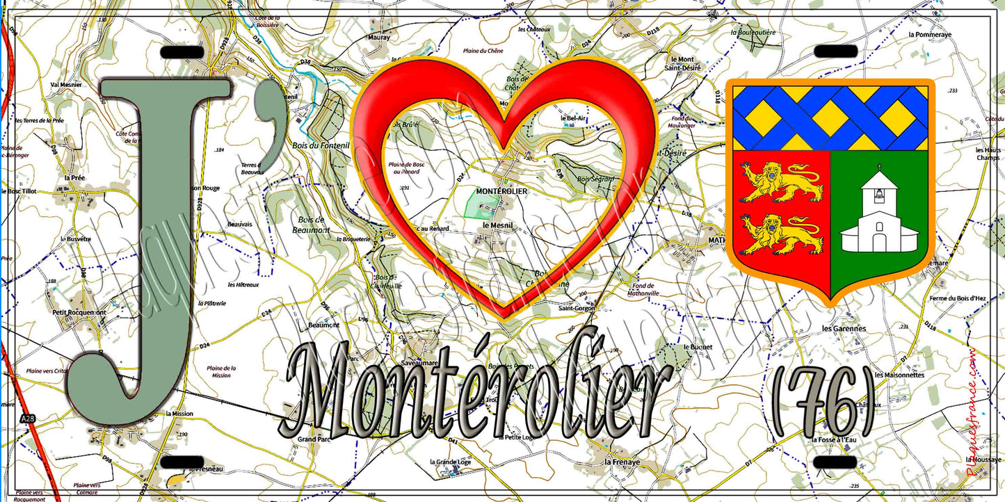 Plaque métal décorative 15X30 J' ❤️ Montérolier, Seine Maritime (76) géo