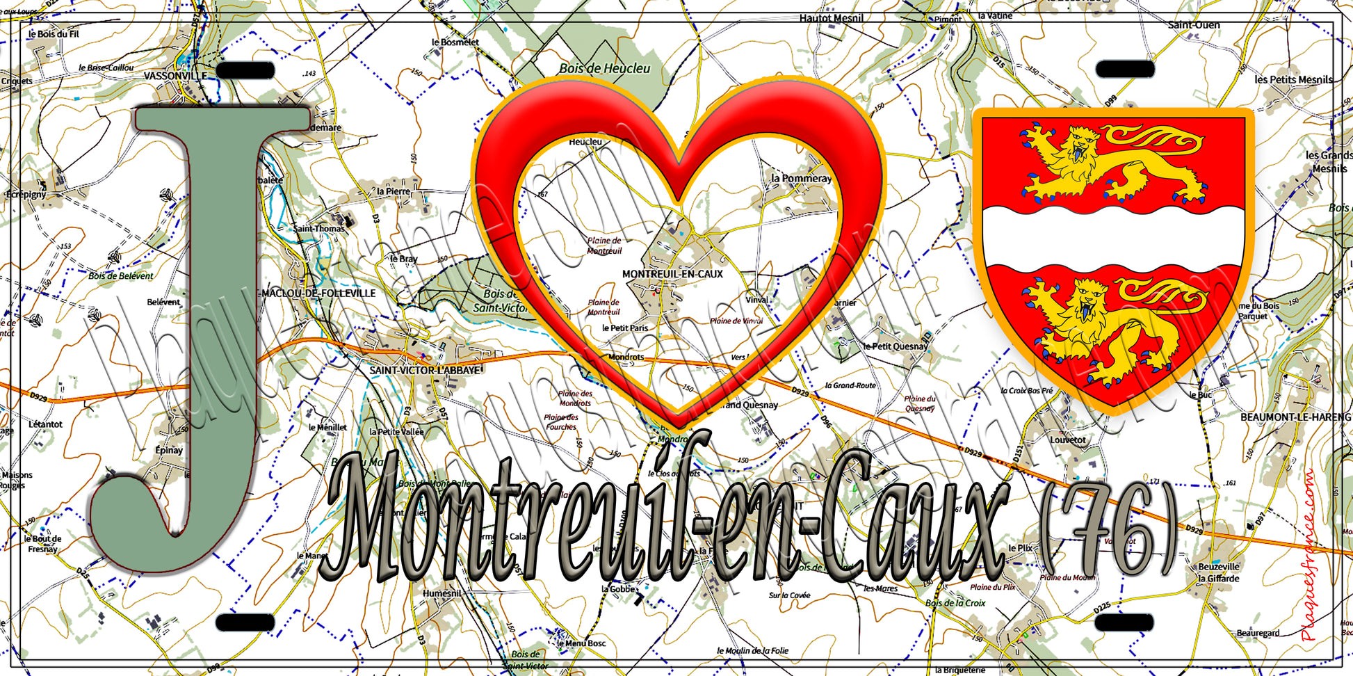 Plaque métal décorative 15x30 J' ❤️ Montreuil-en-Caux, Seine Maritime (76) géo