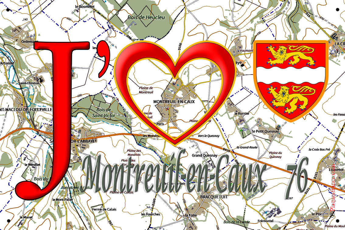 Plaque métal décorative 20 cm x 30 cm J' ❤️ Montreuil-en-Caux, Seine Maritime (76)