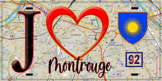 Plaque métal décorative  J' ❤️ Montrouge, Hauts de Seine (92) fond carte