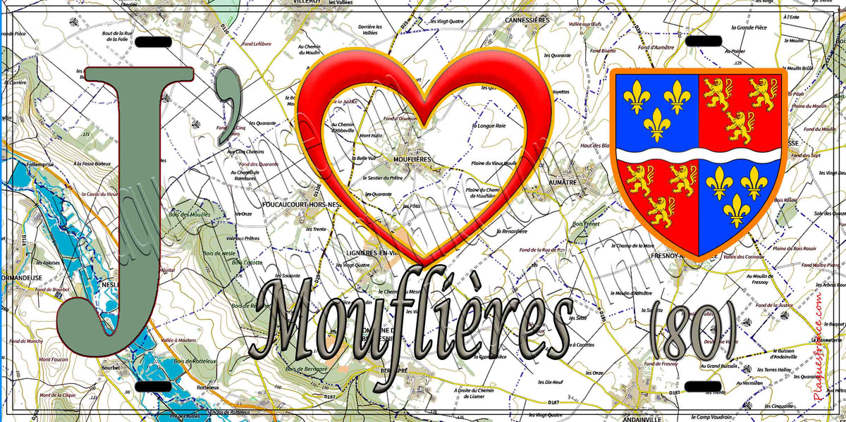 Plaque métal décorative 15X30 J' ❤️ Mouflières, Somme (80) geo