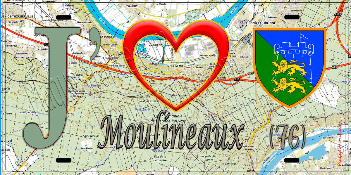 Plaque métal décorative 15X30 J' ❤️ Moulineaux, Seine Maritime (76) géo