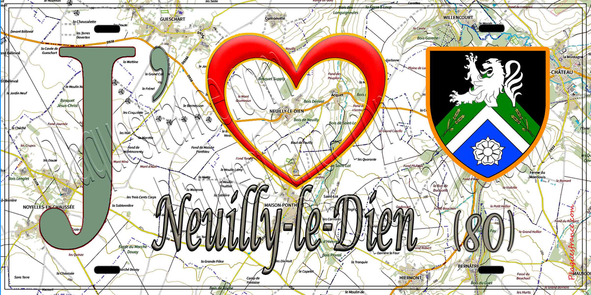 Plaque métal décorative 15X30 J' ❤️ il love Neuilly-le-Dien, Somme (80)