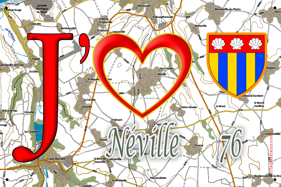 Plaque métal décorative 20 cm x 30 cm J' ❤️ Néville, Seine Maritime (76)
