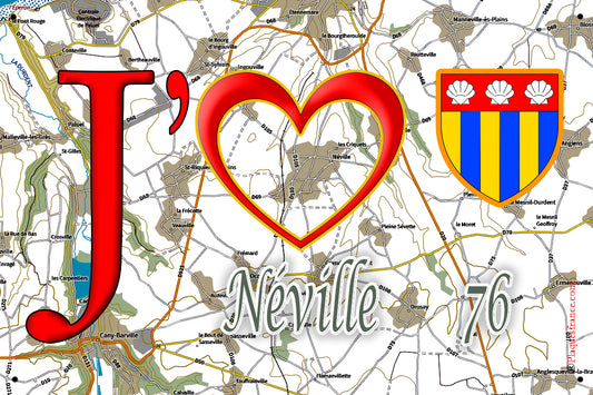 Plaque métal décorative 20 cm x 30 cm J' ❤️ Néville, Seine Maritime (76)