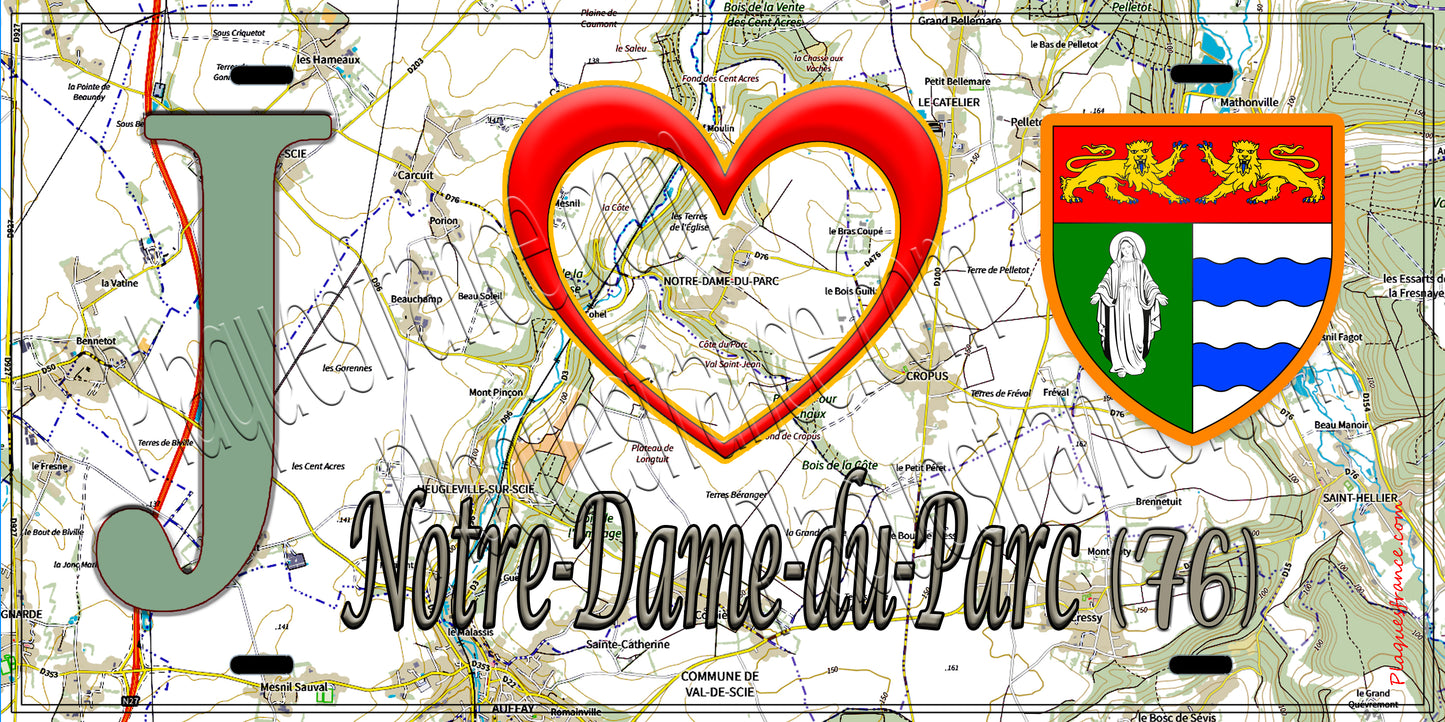 Plaque métal décorative 15x30 J' ❤️ Notre-Dame-du-Parc, Seine Maritime (76) géo