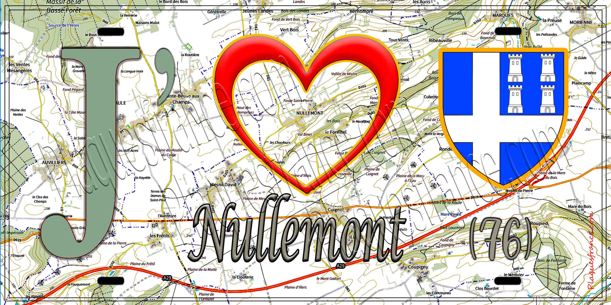 Plaque métal décorative 15X30 J' ❤️ Nullemont, Seine Maritime (76) géo