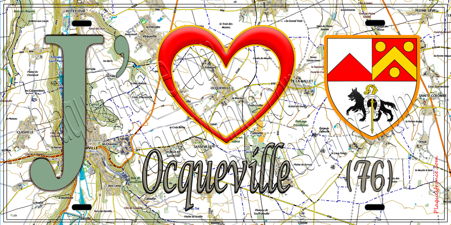 Plaque métal décorative 15X30 J' ❤️ Ocqueville, Seine Maritime (76) géo