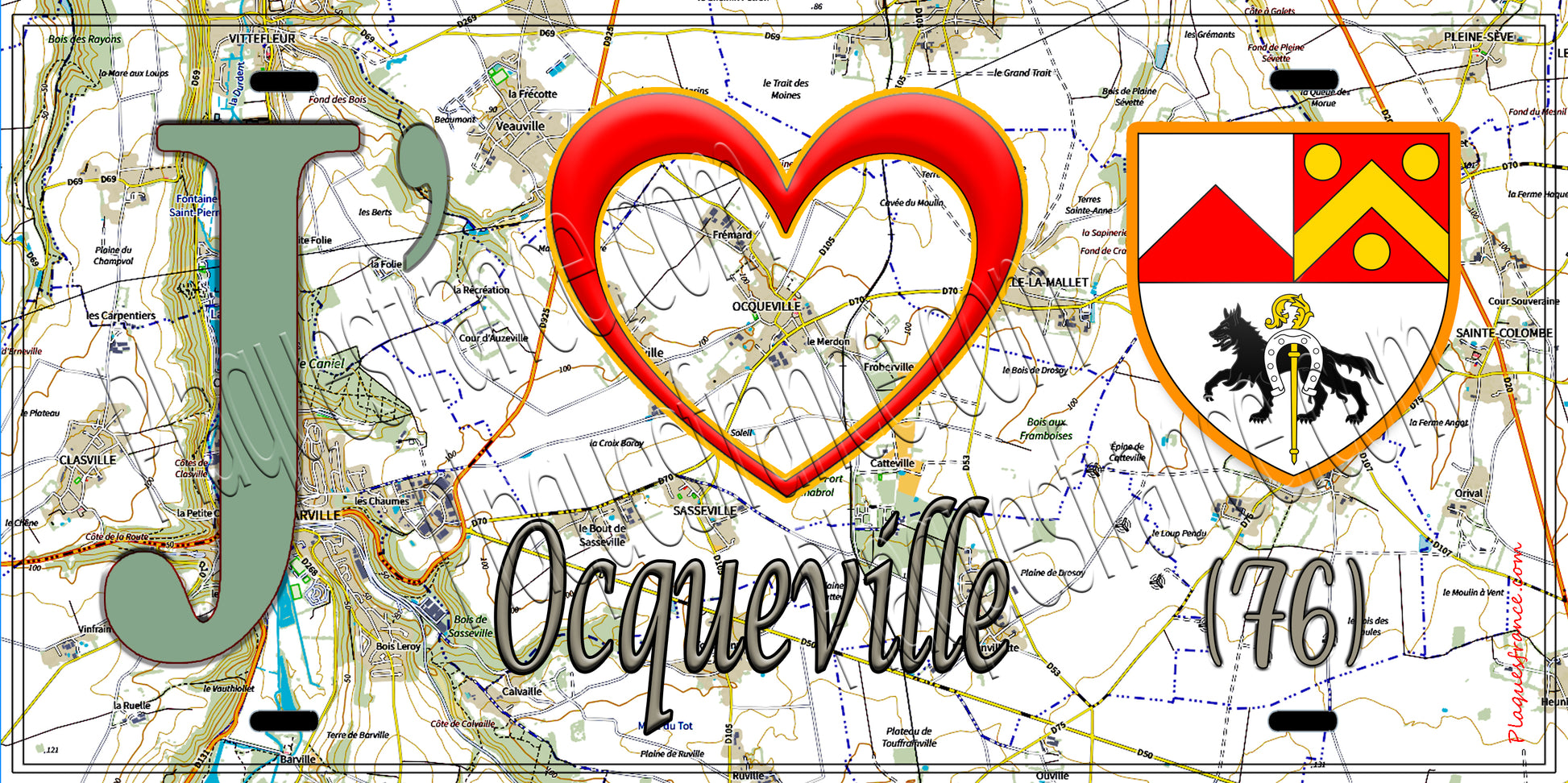 Plaque métal décorative 15X30 J' ❤️ Ocqueville, Seine Maritime (76) géo