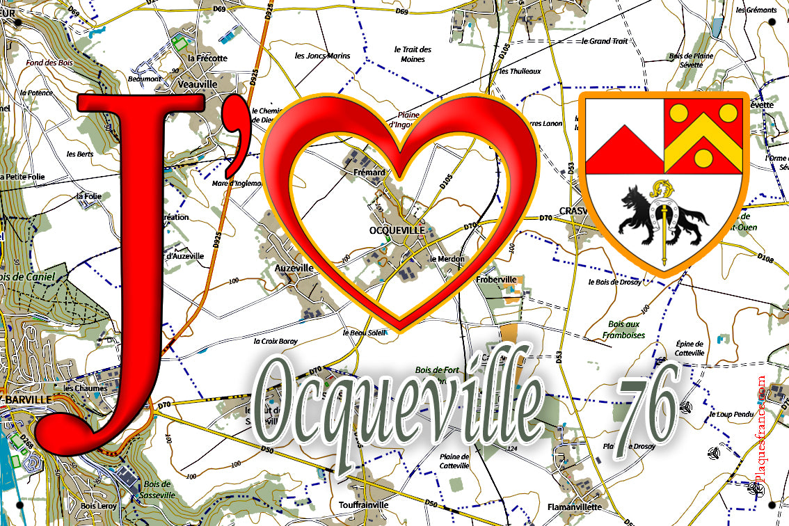 Plaque métal décorative 20 cm x 30 cm  J' ❤️ Ocqueville, Seine Maritime (76)