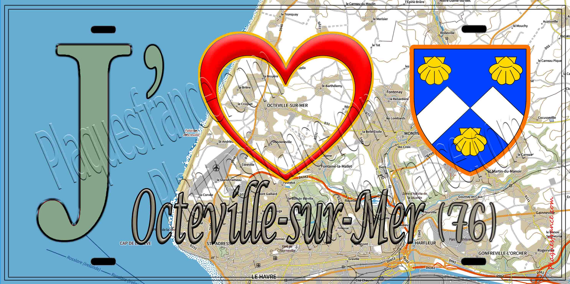 Plaque métal décorative 15X30 J' ❤️ Octeville-sur-Mer, Seine Maritime (76) geo